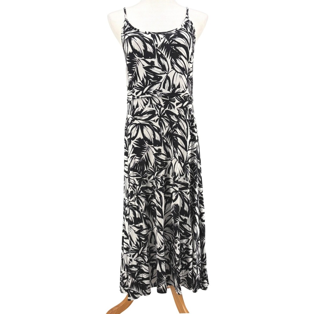 LOFT Maxi Dress Tropical Palm Leaf Print Black White Jersey Pockets M Stretch